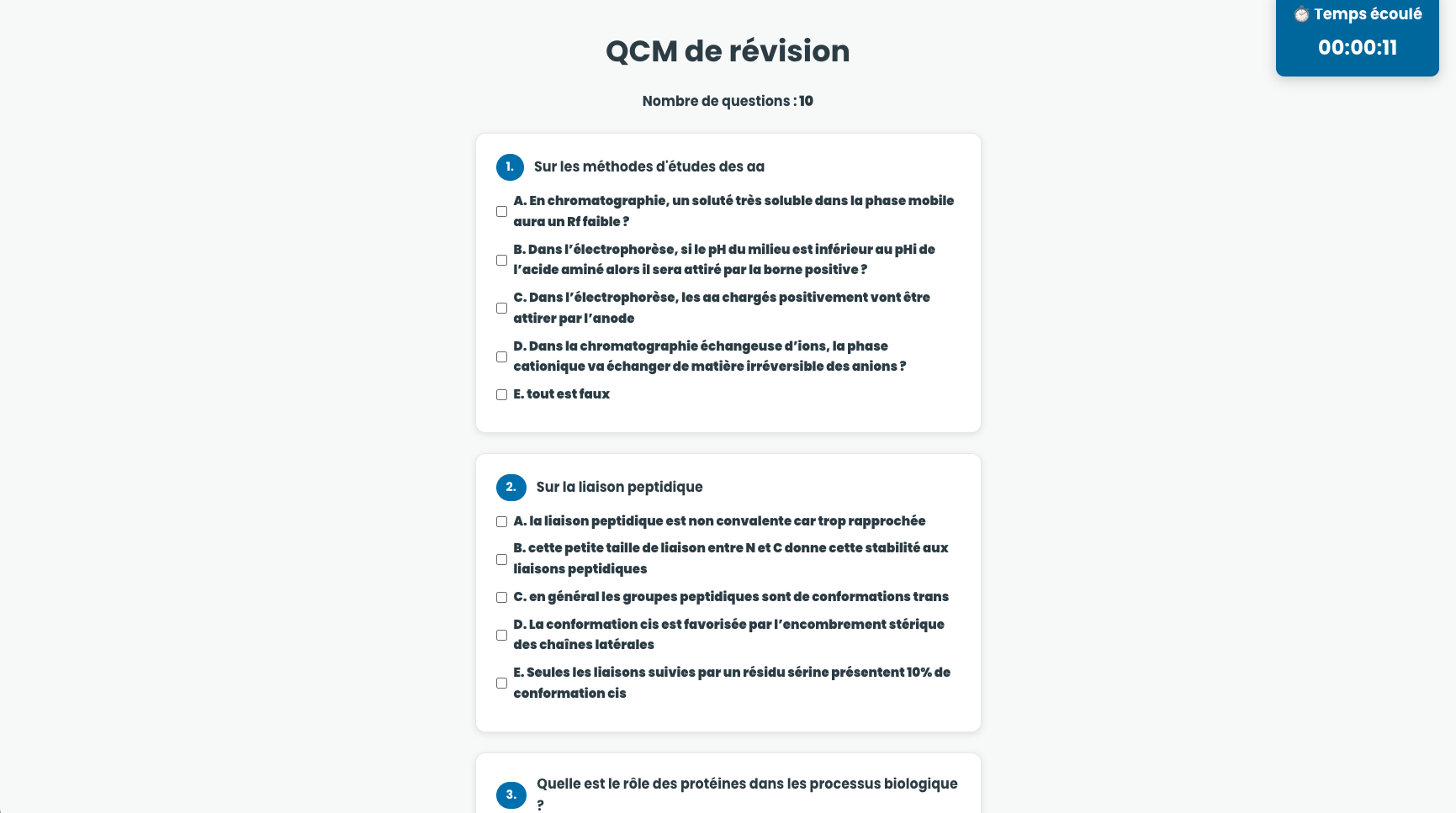 Aperçu d’un QCM PASS avec question, choix de réponses et minuterie.