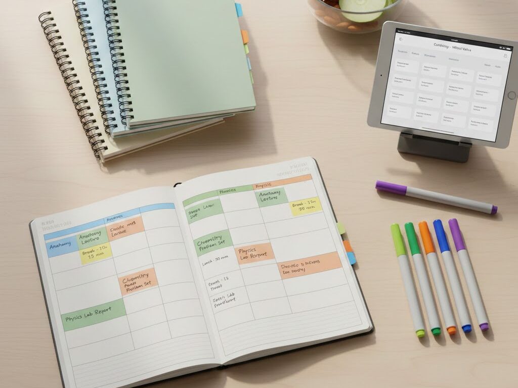Vue de dessus d'un bureau d'étudiant parfaitement rangé avec un agenda ouvert montrant un emploi du temps coloré et structuré.