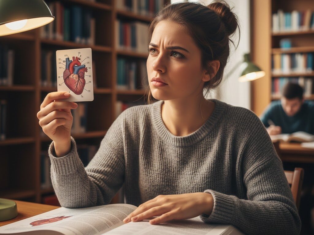Une étudiante en médecine concentrée utilisant des flashcards pour s'auto-évaluer.