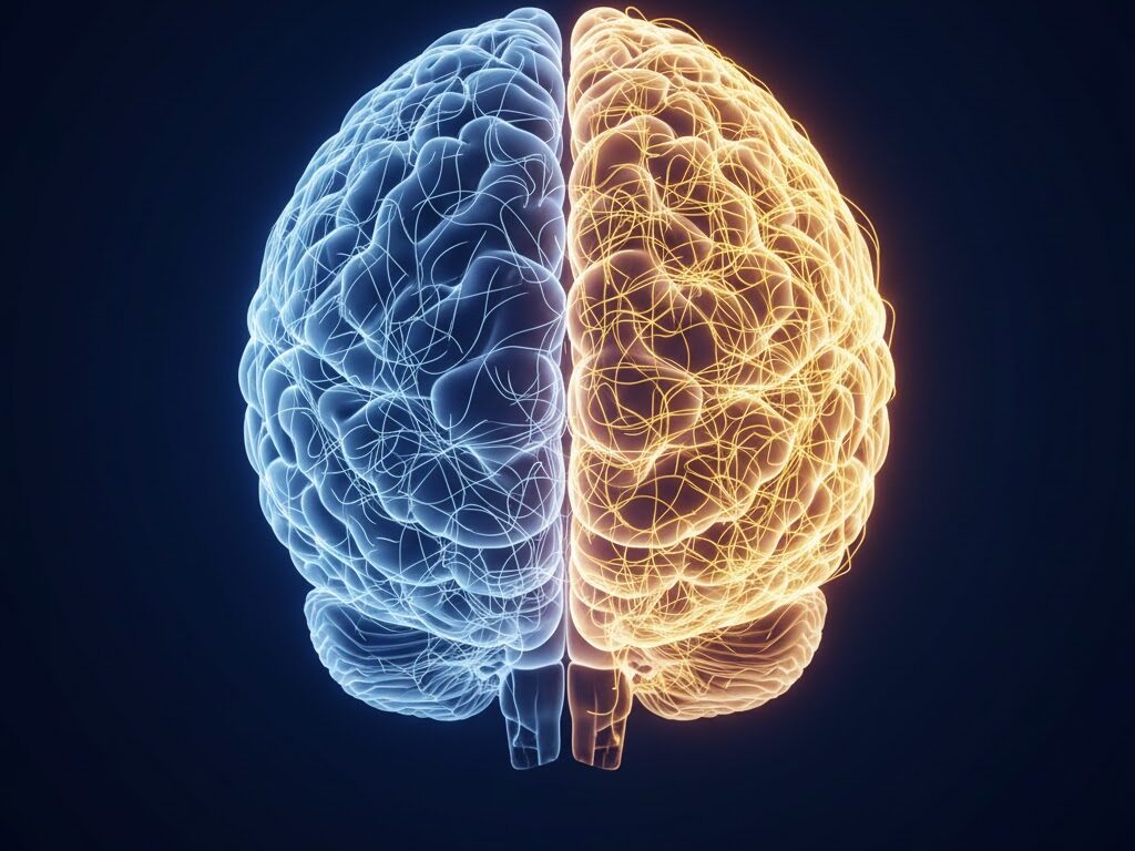 Illustration stylisée d'un cerveau humain montrant des chemins lumineux qui deviennent plus forts et plus brillants avec la répétition