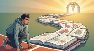 Un étudiant motivé regardant une montagne géante constituée de livres de médecine