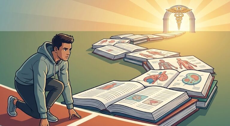 Un étudiant motivé regardant une montagne géante constituée de livres de médecine