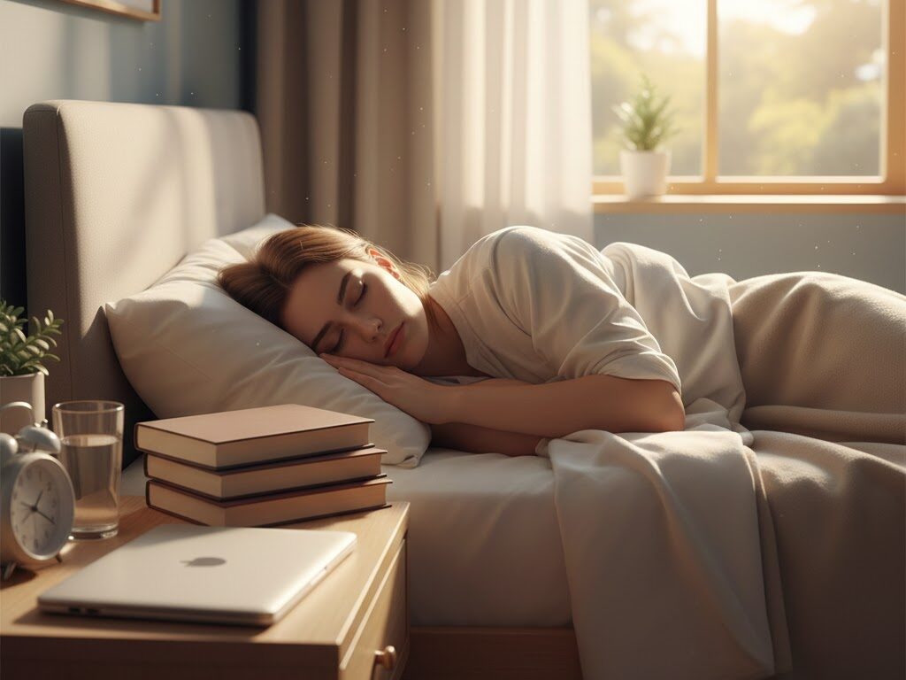 Une chambre calme avec un étudiant dormant paisiblement, soulignant l'importance du repos pour la consolidation de la mémoire